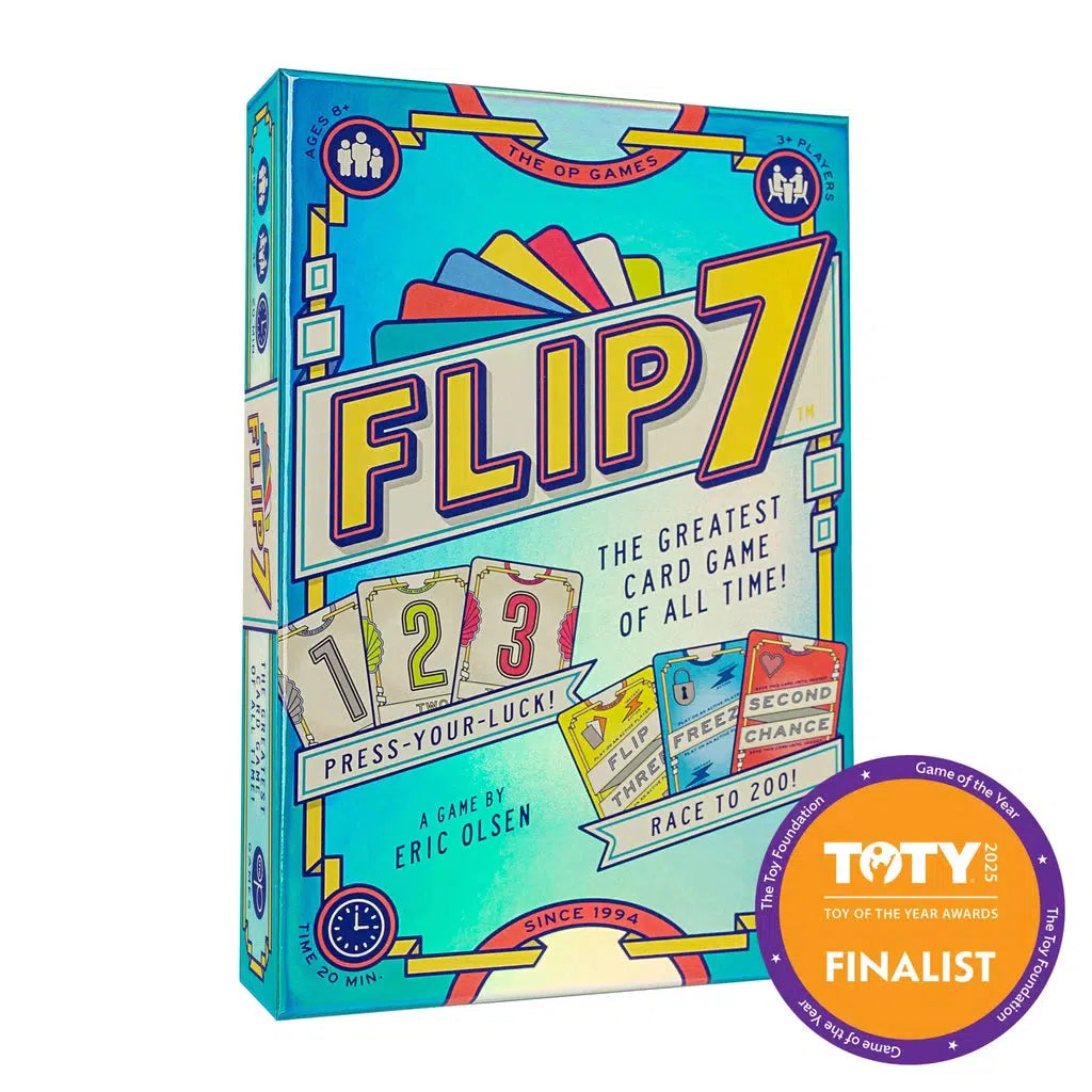 The box of the strategy card game "Flip 7" boasts a colorful design, featuring cards numbered 1 to 3, and includes a sticker indicating it's a finalist for the Toy of the Year Awards. Earn bonus points as you master this exciting challenge.