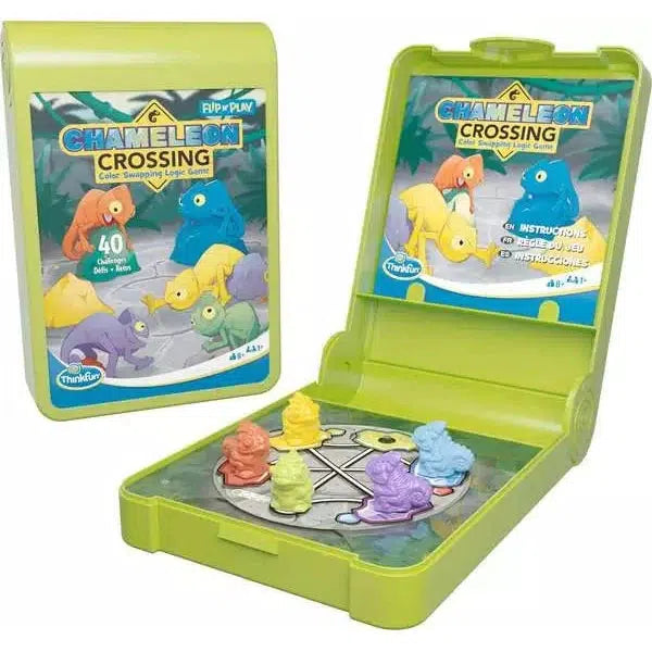 Discover the Chameleon Crossing board game, a vibrant brain teaser featuring colorful chameleon pieces on a spinner. Perfect for any travel game collection, this engaging challenge is available now at ThinkFun Online Shop. The box and open set are displayed for your preview.