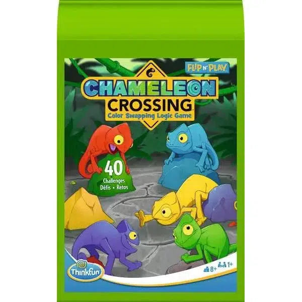 The "Chameleon Crossing" board game box features vibrant chameleons and highlights "40 Challenges" with its unique "Flip 'N' Play" design. Perfect as a brain teaser, this ThinkFun gem is available at the ThinkFun Online Shop for endless fun.