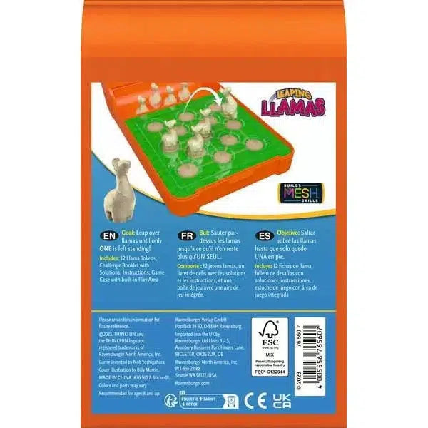 The "Leaping Llamas" board game box showcases a fun brain teaser available in English, French, and Spanish. Featuring llama figures and a game board, it's perfect as a travel game. Manufacturer details are at the bottom. Available at ThinkFun Online Shop.