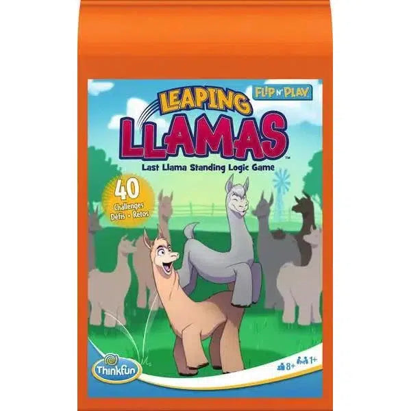 A logic game box titled "Leaping Llamas" features cartoon llamas and offers 40 brain-teaser challenges. Available through the ThinkFun Online Shop, it's a perfect travel game for ages 8 and up.