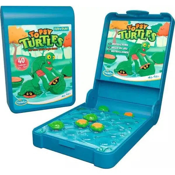 The playful "Topsy Turtles" toy game features a vibrant blue board with cheerful turtles and easy-to-follow instructions, making it a perfect travel game. The compact packaging fits snugly beside the game, ensuring endless fun from the ThinkFun Online Shop wherever you go.