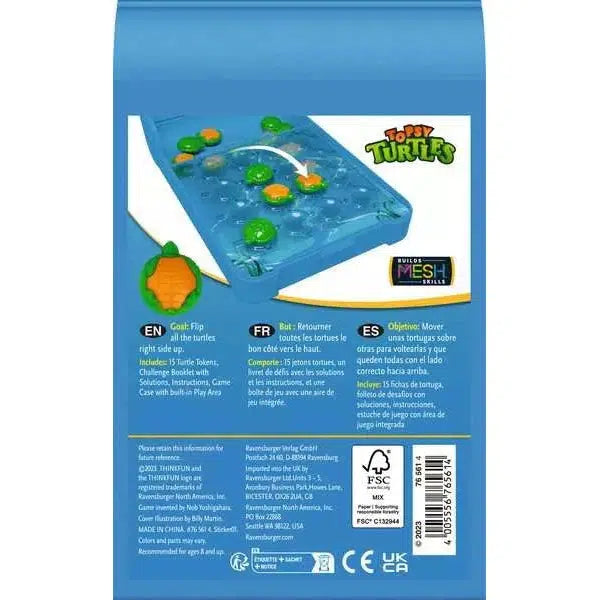 The playful "Topsy Turtles" toy game features a vibrant blue board with cheerful turtles and easy-to-follow instructions, making it a perfect travel game. The compact packaging fits snugly beside the game, ensuring endless fun from the ThinkFun Online Shop wherever you go.