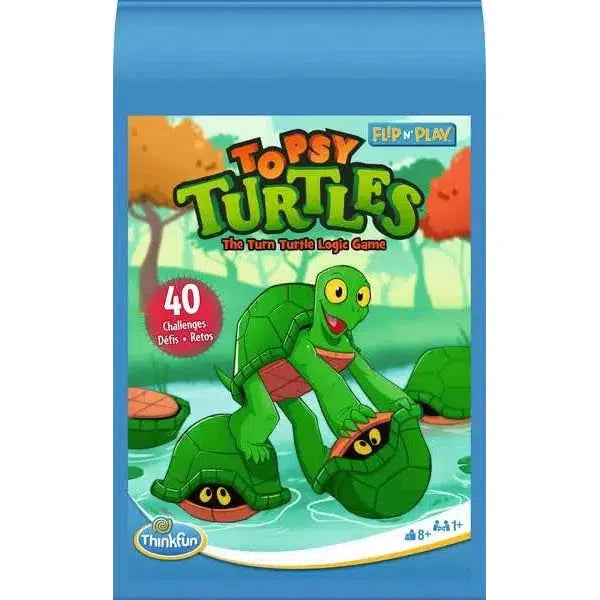 The box cover of the travel game "Topsy Turtles" showcases cartoon turtles in a pond, highlighting 40 brain-teaser challenges and featuring the ThinkFun logo.