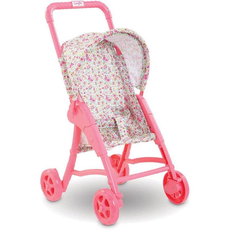 A pink baby doll stroller with a floral-patterned fabric seat and canopy, featuring lightweight, smooth-rolling wheels and a handle.