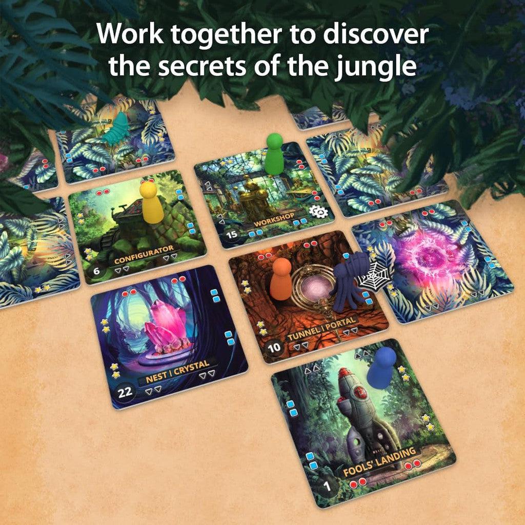 Board game setup with jungle-themed cards and colorful pawns. Text reads: "Work together to unravel the secrets of the Forbidden Jungle." Enjoy this cooperative board game adventure crafted by Gamewright!