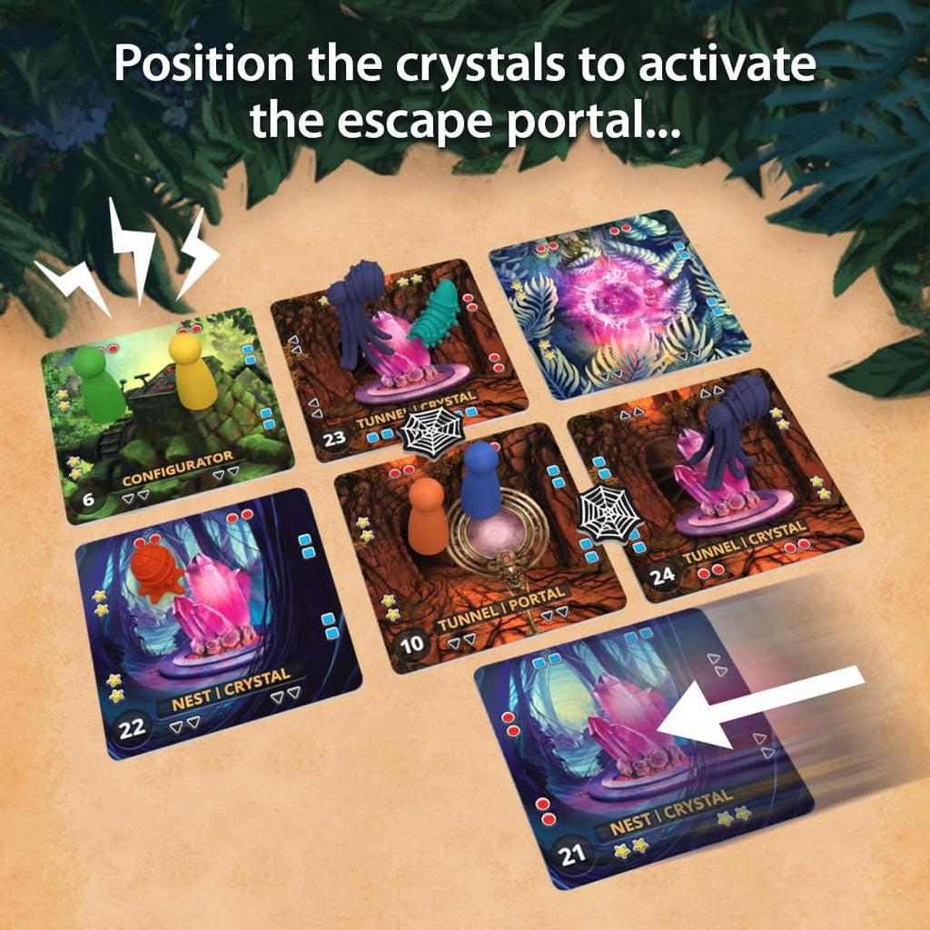 A board game setup with colorful cards and piece markers. Cards feature images of crystals, tunnels, and portals, evoking the thrilling adventure of the Forbidden Jungle. This captivating cooperative board game invites players to position the crystals to activate the escape portal.