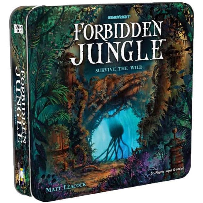 The Gamewright board game tin for "Forbidden Jungle" showcases lush greenery and a mysterious entrance with a captivating blue glow, setting the perfect scene for this cooperative board game adventure.