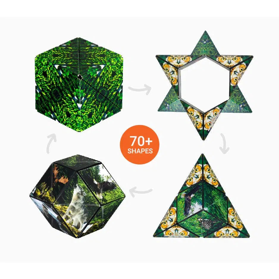 The Shashibo puzzle toy features nature-themed patterns, displaying four geometric shapes. With an orange circle boasting "70+ shapes," this cube transforms effortlessly, thanks to its rare earth magnets.