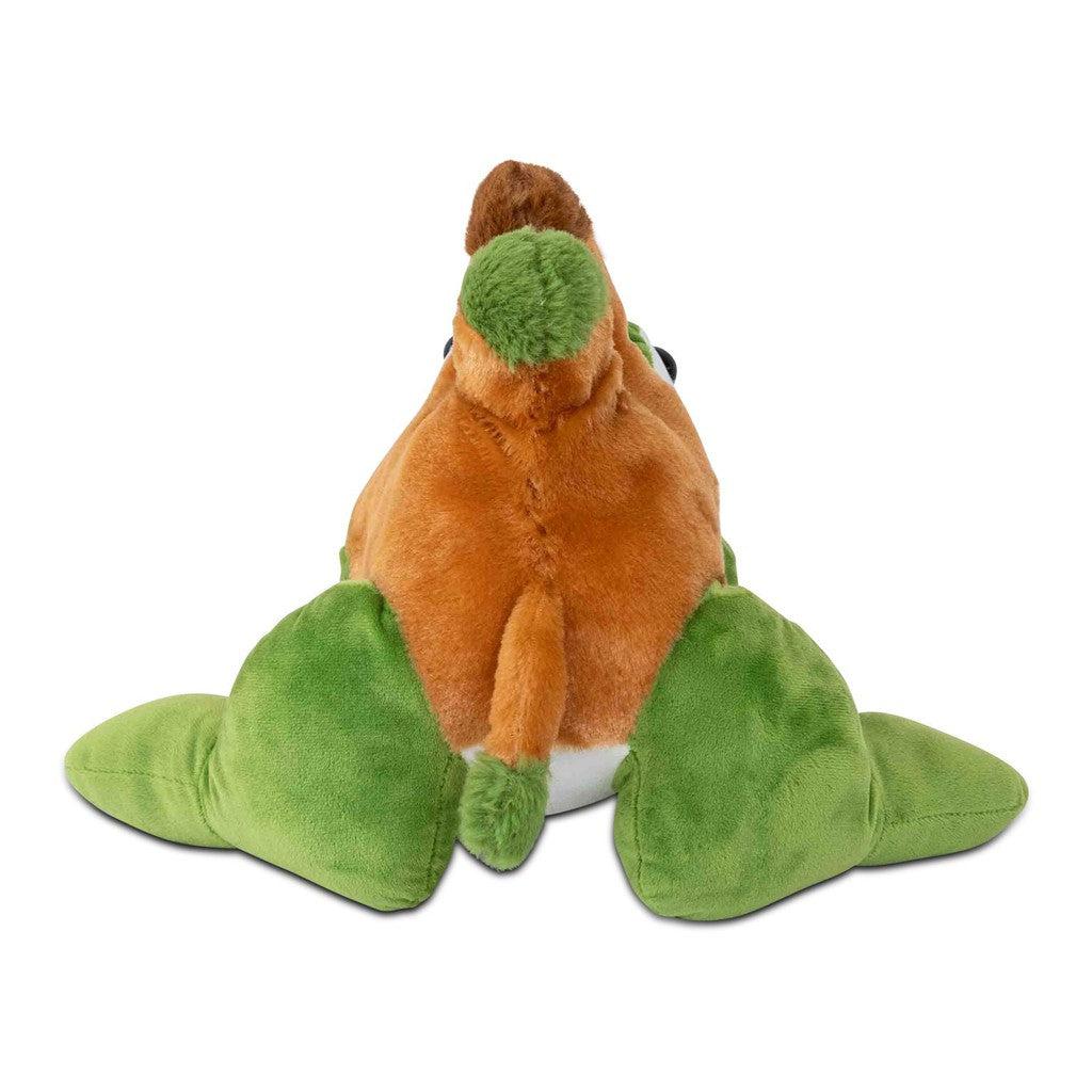 A plush Randimals dinosaur toy viewed from behind, showcasing its green legs and brown body with a tail.