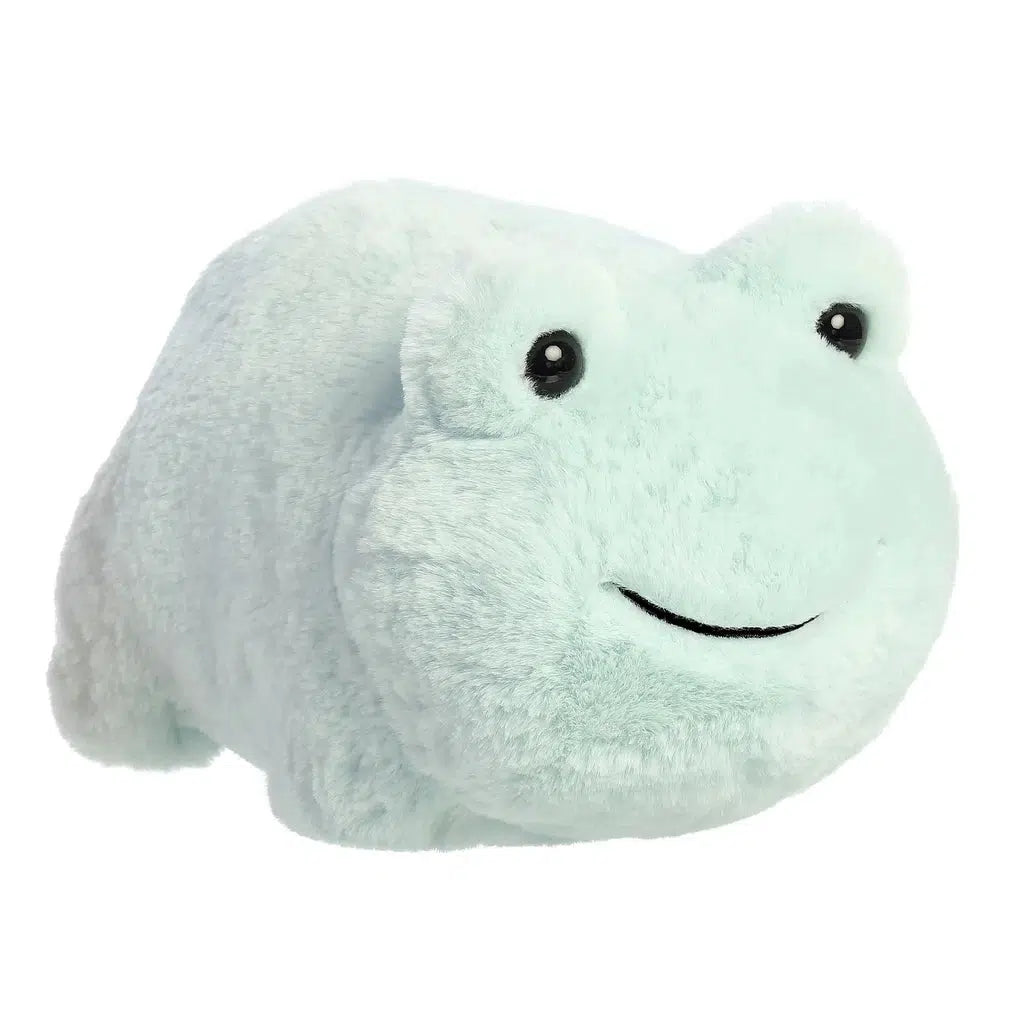 Aurora's Spudsters presents the Friesia Frog, a pastel blue plush frog toy with a charming smile, delightfully set against a plain background.