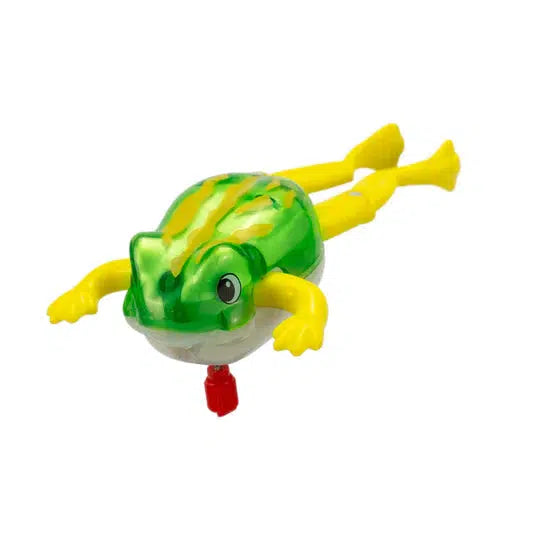 Introducing the cute and vibrant Swimming Frog, a green and yellow frog-shaped bath toy with flippers. Featuring a red Z WindUps key underneath, this delightful companion ensures endless fun during bath time adventures.