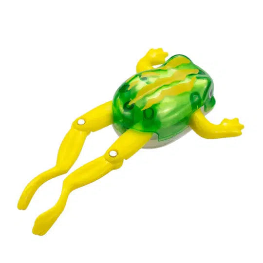 The Z WindUps Swimming Frog is a delightful plastic wind-up toy featuring a green and yellow body with vibrant yellow limbs, perfect as a bath toy. It lies proudly on a white background, ready to bring joy and splashy fun to bath time adventures.