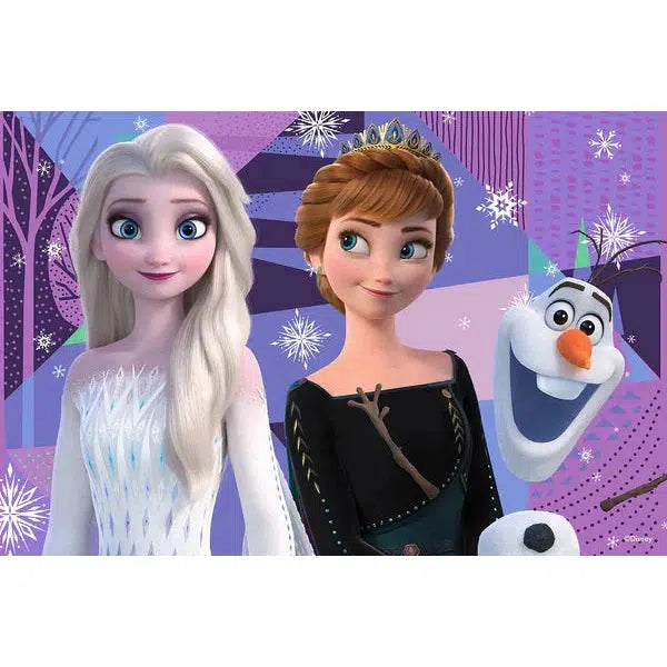 Elsa and Anna from Disney Frozen stand together with Olaf, the snowman, against a snowy, colorful background, creating a scene as engaging as a 3D Puzzle.