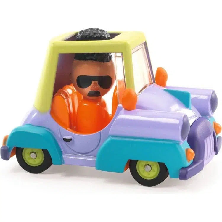 Introducing the Funky Bolide: a metal toy car with a purple and teal body, complete with an orange driver figure sporting sunglasses and a mustache.