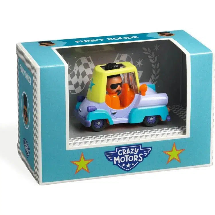 Toy car figure in a blue box labeled "Crazy Motors," featuring a character in sunglasses driving the colorful Funky Bolide.