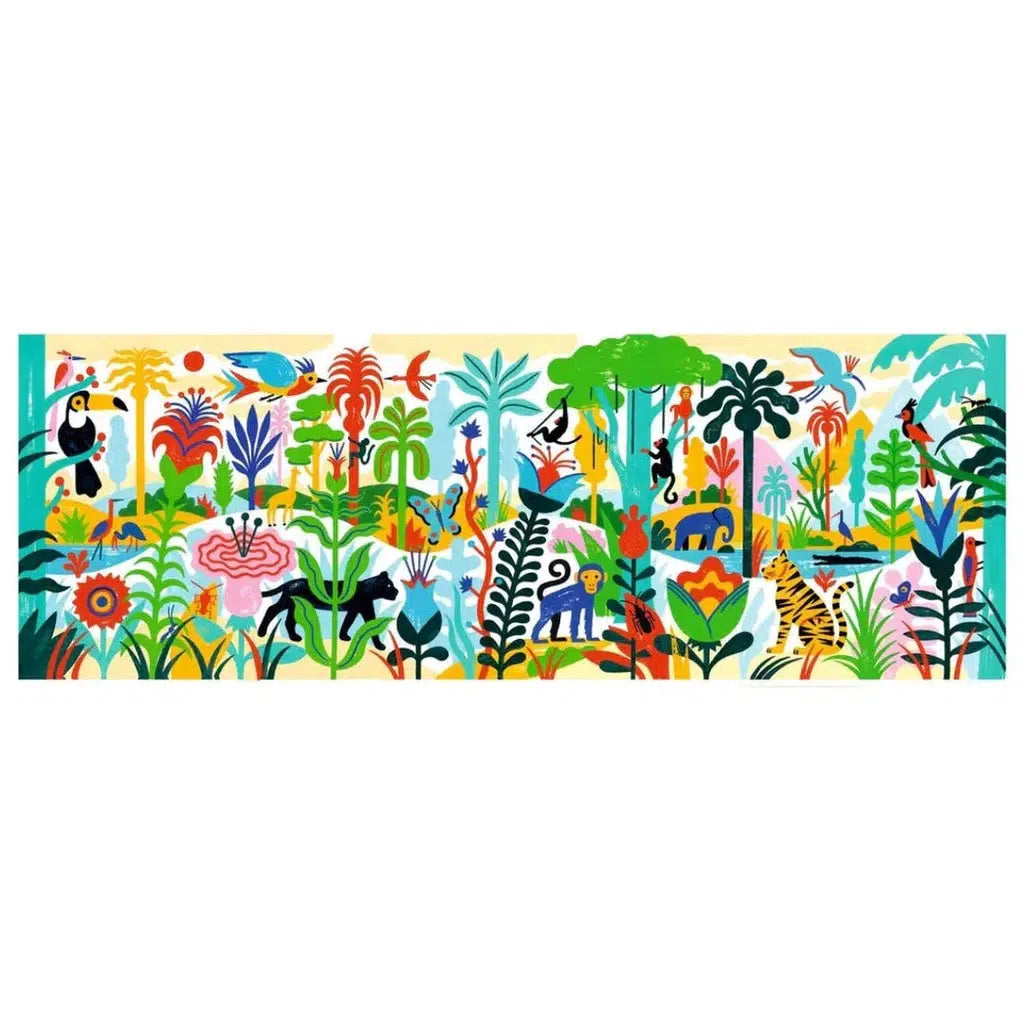 Colorful illustration of a jungle scene featuring various animals like elephants, monkeys, and birds among lush green plants and trees.