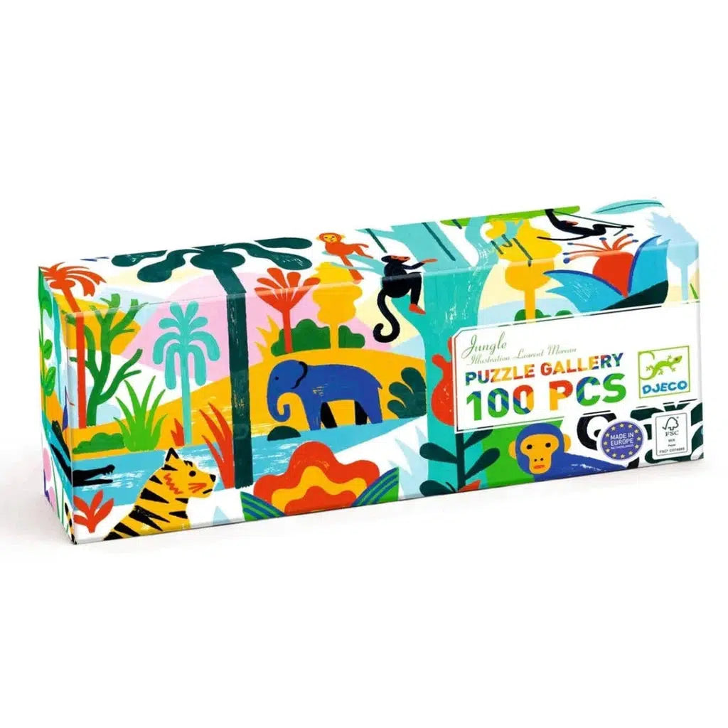 A colorful puzzle box featuring animals and jungle scenery. Labeled "Puzzle Gallery 100 pcs." with Djeco branding.