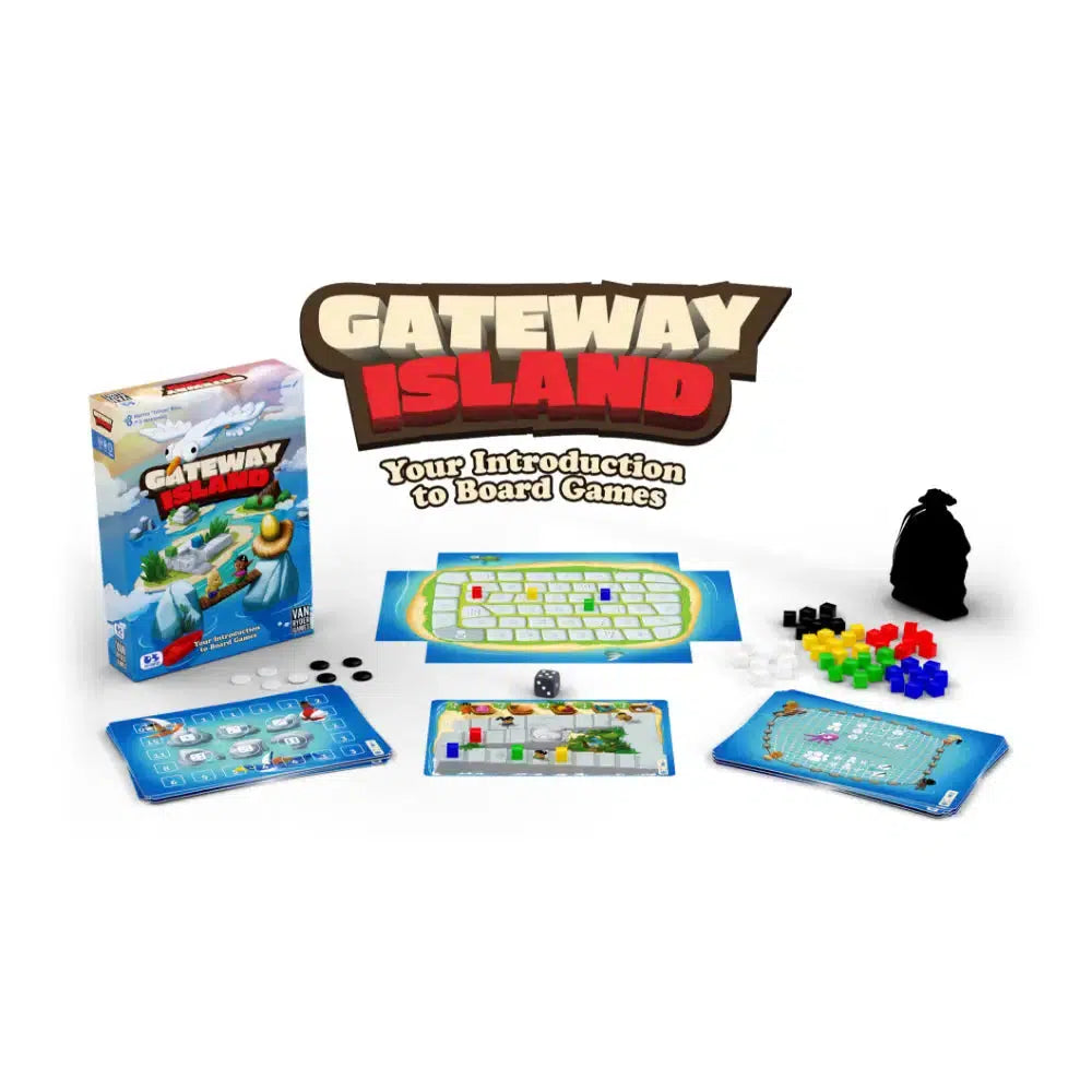 An overview of some cards and game pieces to Gateway Island