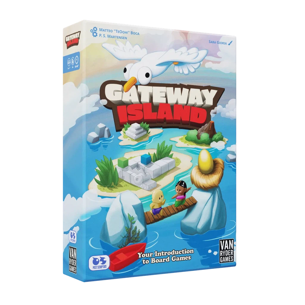 Gateway Island, a game to introduce you to board games. A colorful box with people balancing on rocks in the sea and a seagull flying overhead.