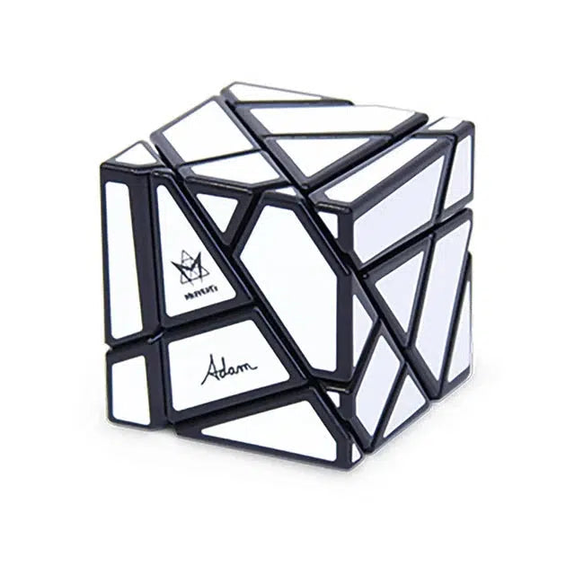 A skewed black and white puzzle cube with angular pieces and a signature-like marking.