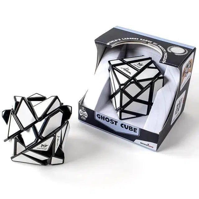 A Ghost Cube puzzle and its packaging, designed by Uwe Meffert. The cube is black with white, uneven geometric shapes, showcasing its complex design and offering a true puzzle challenge.