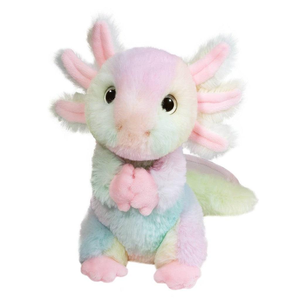 A pastel-colored, Mini Soft Axolotl plush toy with large eyes and frilled gills sits upright, its front paws touching, making it the perfect plush friend.