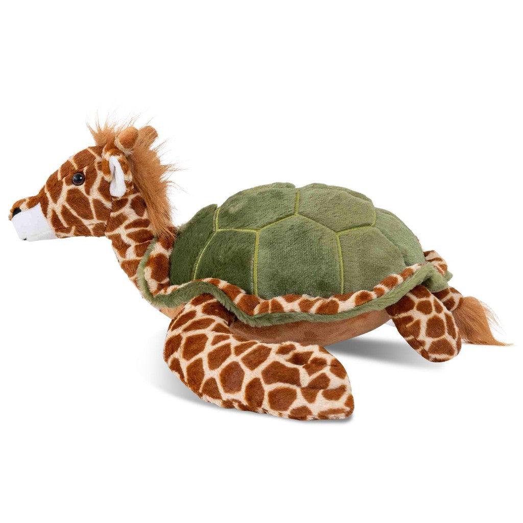 Introducing Randimals: a plush toy celebrating diversity by combining a giraffe's head and neck with a turtle's shell and body. It features giraffe-patterned fabric and vibrant green shell sections, showcasing the beauty of inclusivity in nature.