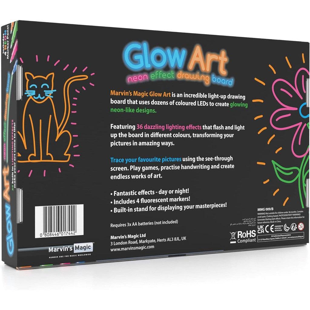 Packaging for Marvin's Magic Glow Art, a neon effect drawing board featuring 36 flashing LED lights and a see-through screen. Includes four fluorescent magic pens and an instruction leaflet.