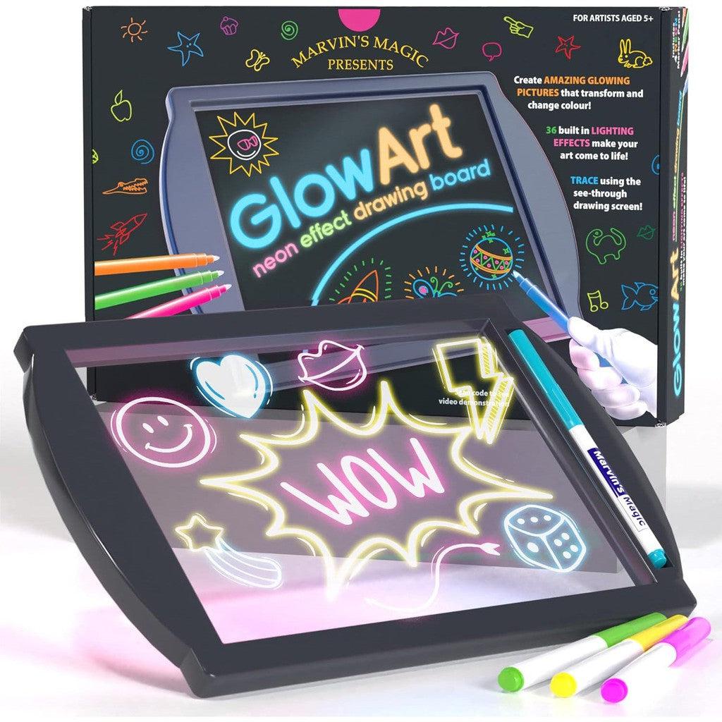 A Glow Art drawing board with neon effects showcases playful doodles like a smiley face and "WOW." The set includes Fluorescent Magic Pens, adding vibrant hues to your creations. Colorful markers and eye-catching packaging complete this artistic experience.