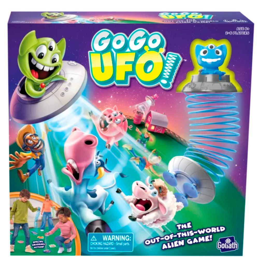 Box of the family-friendly board game "Go Go UFO" featuring a colorful, cartoonish alien theme, showing farm animals being lifted by a spaceship's beam and children playing the game at the bottom.