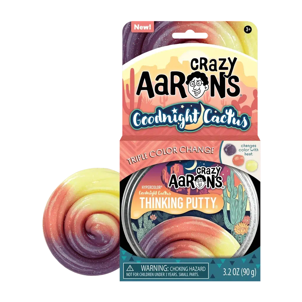 Image of Crazy Aaron's Goodnight Cactus Hypercolor Thinking Putty. The packaging showcases the putty's triple color change ability and highlights its benefits for hand and finger strength. Please note the choking hazard warning, intended for ages 3 and up.