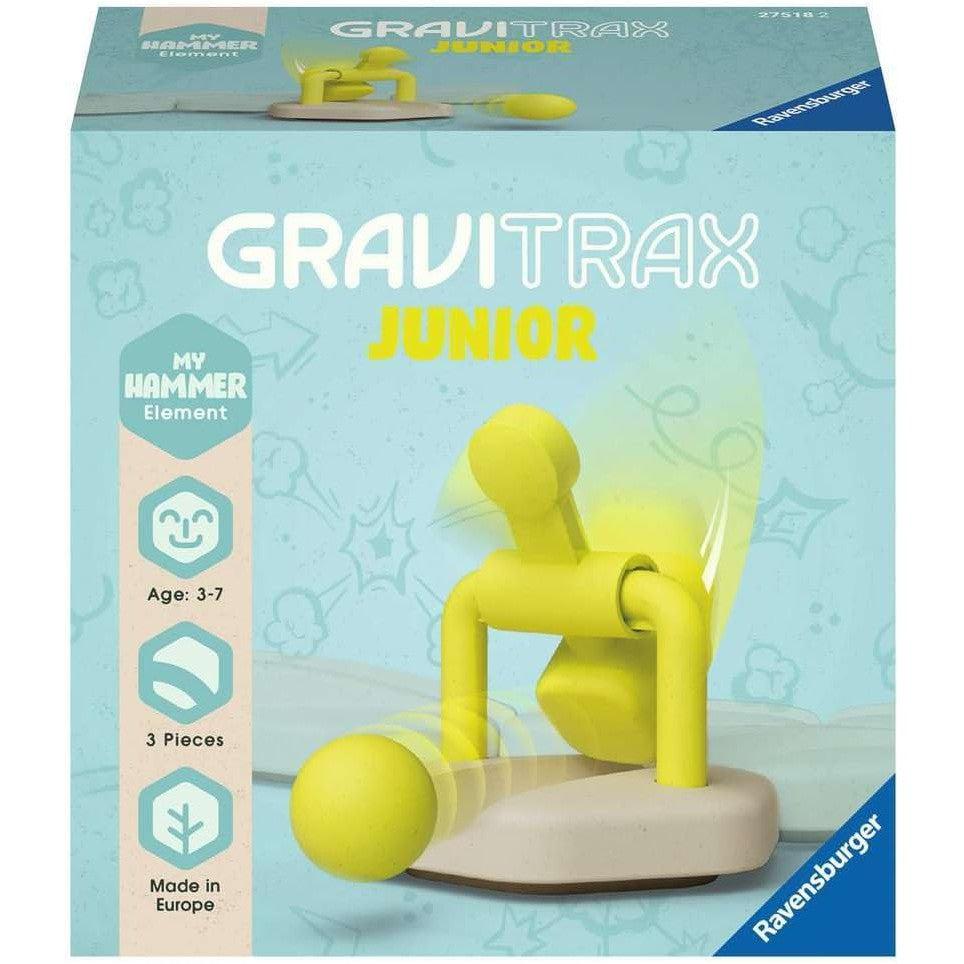 Explore the GraviTrax Junior marble run set. Featuring a vibrant yellow hammer element on the cover, this exciting kit is perfect for ages 3-7. With three engaging pieces and European craftsmanship, it promises hours of fun!