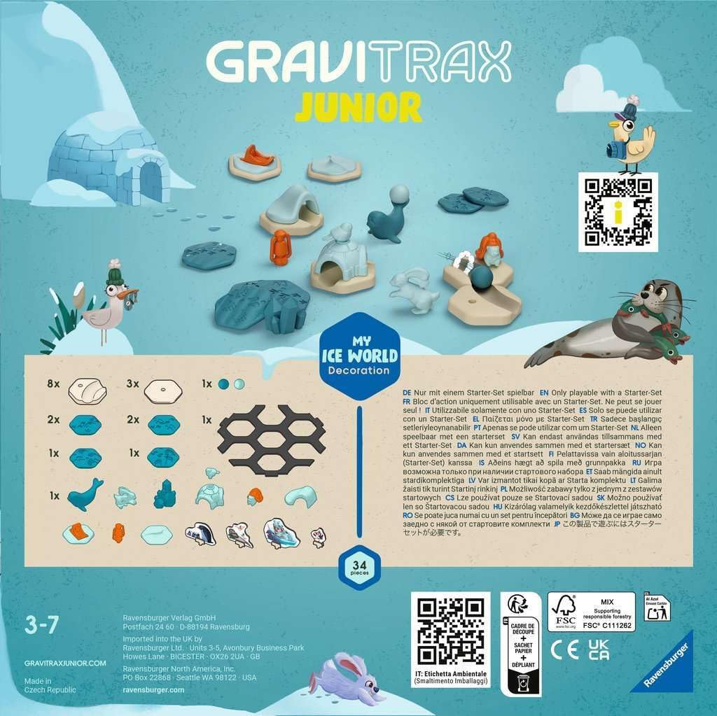 Discover the Ravensburger GraviTrax Junior Ice World set, a captivating Marble Run experience! The package showcases components, charming animal illustrations, and a QR code. Perfect for young explorers aged 3-7, this German text STEM Toy promises hours of educational fun.