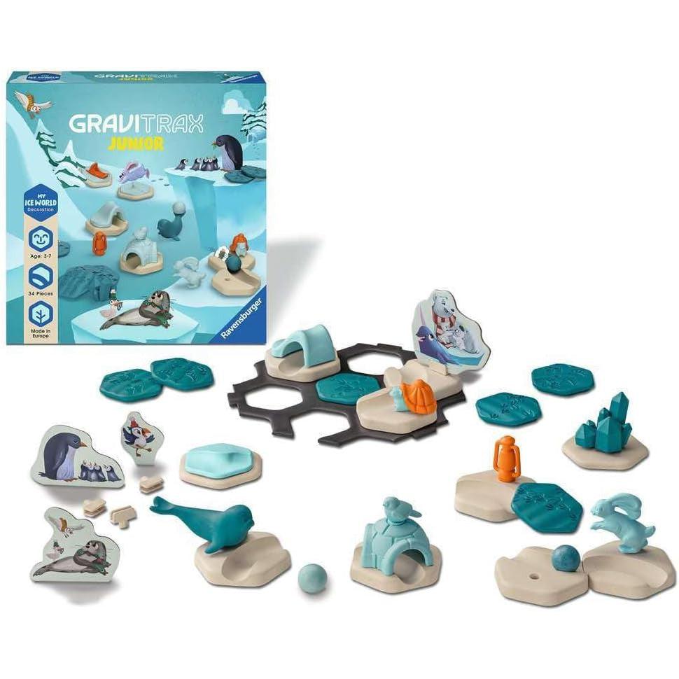 The GraviTrax Junior Marble Run set features colorful animal and landscape pieces, hexagonal tiles, and a box showing assembly options. This engaging STEM toy sparks creativity and learning as young builders design their own exciting courses.