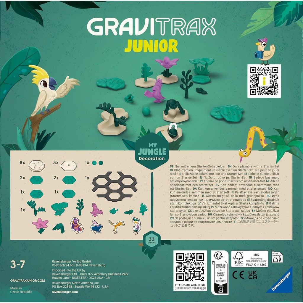 The Ravensburger GraviTrax Junior My Jungle Decoration set comes in a vibrant box with illustrations of jungle-themed pieces, including a parrot and a lizard, plus QR codes for added fun. Perfect for kids aged 3-7, this STEM toy offers an exciting introduction to the world of marble runs.