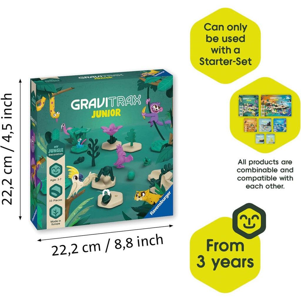 The Ravensburger GraviTrax Junior box with a jungle theme offers a fun introduction to STEM toys. This marble run set, measuring 22.2 cm x 22.2 cm x 4.5 inch, is compatible with the starter set and perfect for young explorers aged 3 and up.