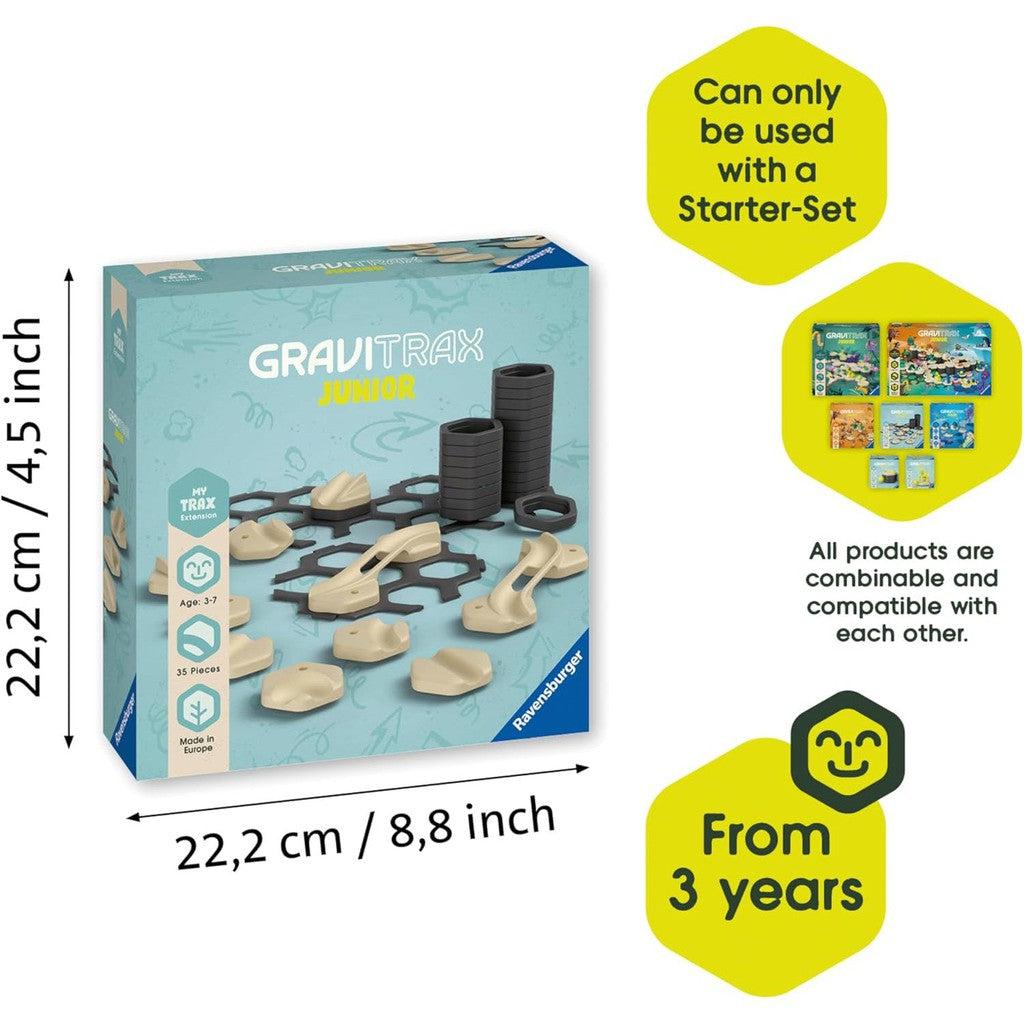 The Ravensburger GraviTrax Junior set, measuring 22.2 cm x 22.2 cm x 4.5 inches, is perfect for budding engineers aged 3+. With 35 pieces, this STEM toy requires a starter set and seamlessly pairs with other marble run products.