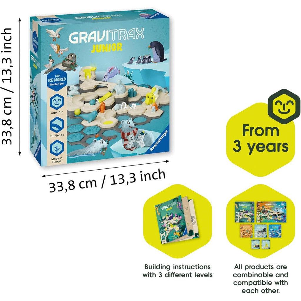 The GraviTrax Junior Marble Run box features the hot ice world starter set with 131 pieces and instructions for endless fun. Perfect for young explorers aged 3 and up, this STEM toy enhances learning while playing. Box dimensions are 33.8 cm x 33.8 cm, ideal for budding engineers.