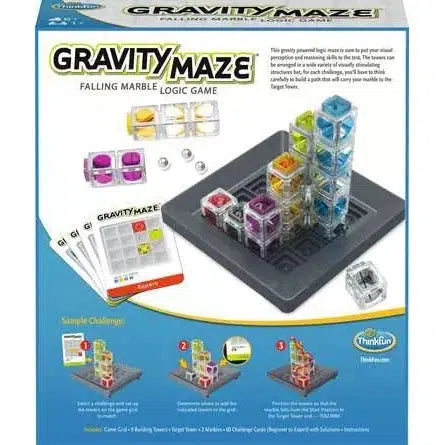 Box cover of Gravity Maze Falling Marble Logic Game, a gravity-powered maze game that enhances critical thinking skills. It features a colorful grid with towers and marbles, highlighting STEM subjects. Includes a sample challenge and components: game grid, towers, target, marbles, and cards.