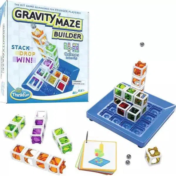 Discover the Gravity Maze Builder, an educational game set available at the ThinkFun Online Shop. It includes a game board, colorful translucent towers, silver balls, and instruction cards designed to challenge minds ages 5 and up.