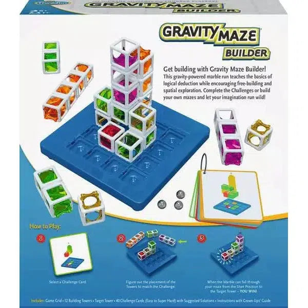 The Gravity Maze Builder game set features towers and marbles on a blue base, perfect for an educational gaming experience. Complete with instructions and promotional text, it's available at the ThinkFun Online Shop for endless puzzle-solving fun!.