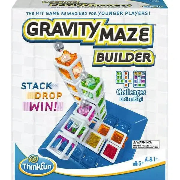 Image of "Gravity Maze Builder" box, an educational game by ThinkFun. This board game features a tower structure with colored blocks and a marble track. Suitable for ages 5 and up, it includes 40 challenges. Available now at the ThinkFun Online Shop.