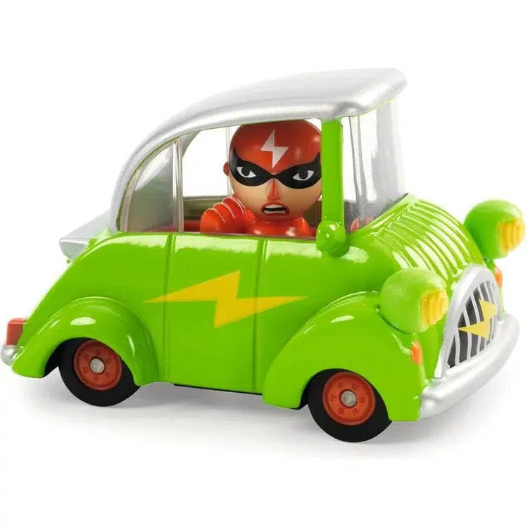 A toy figure in a superhero costume sits in the Green Flash, a small, green and silver metal car with an ultrasonic metallic paint finish and a lightning bolt design.