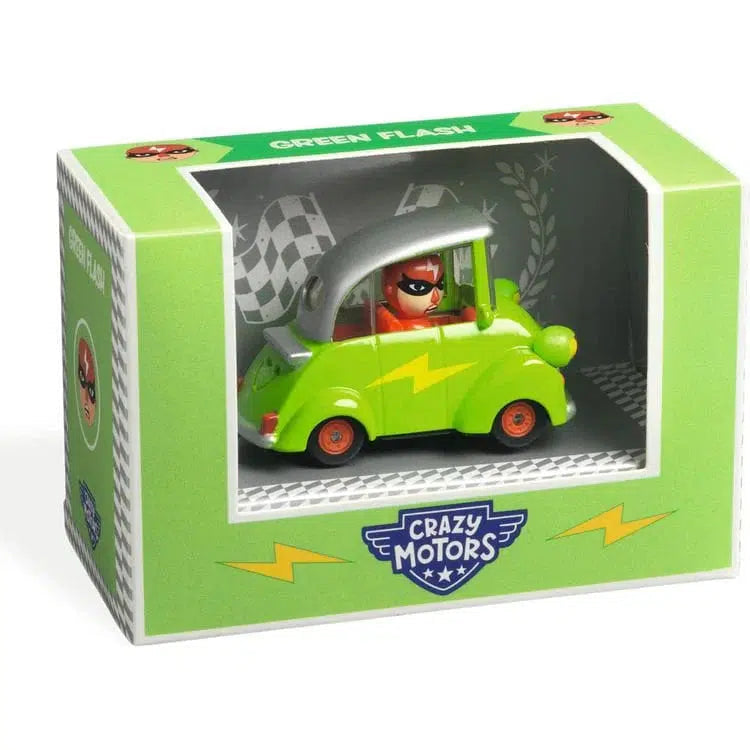 The Toy car in a vivid green box labeled "Crazy Motors" and "Green Flash" features a small character with a helmet inside. Crafted as a metal car, it boasts ultrasonic metallic paint for an eye-catching appeal.