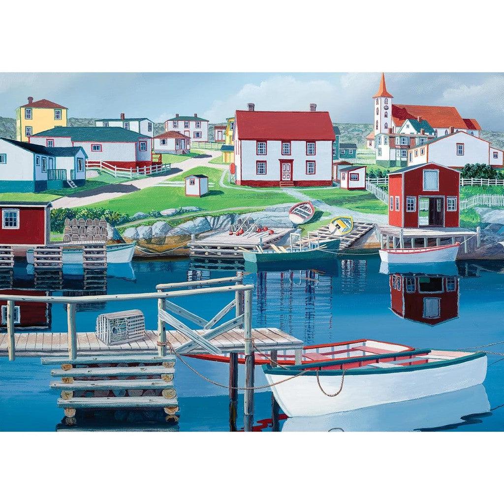 Explore the Canadian Collection Series with Ed Roche's masterpiece—a painting of a vibrant coastal village. Colorful houses and boats docked at a wooden pier capture the charm, reminiscent of the Ravensburger Greenspond Harbour Puzzle, complete with a church's tall steeple in the background.