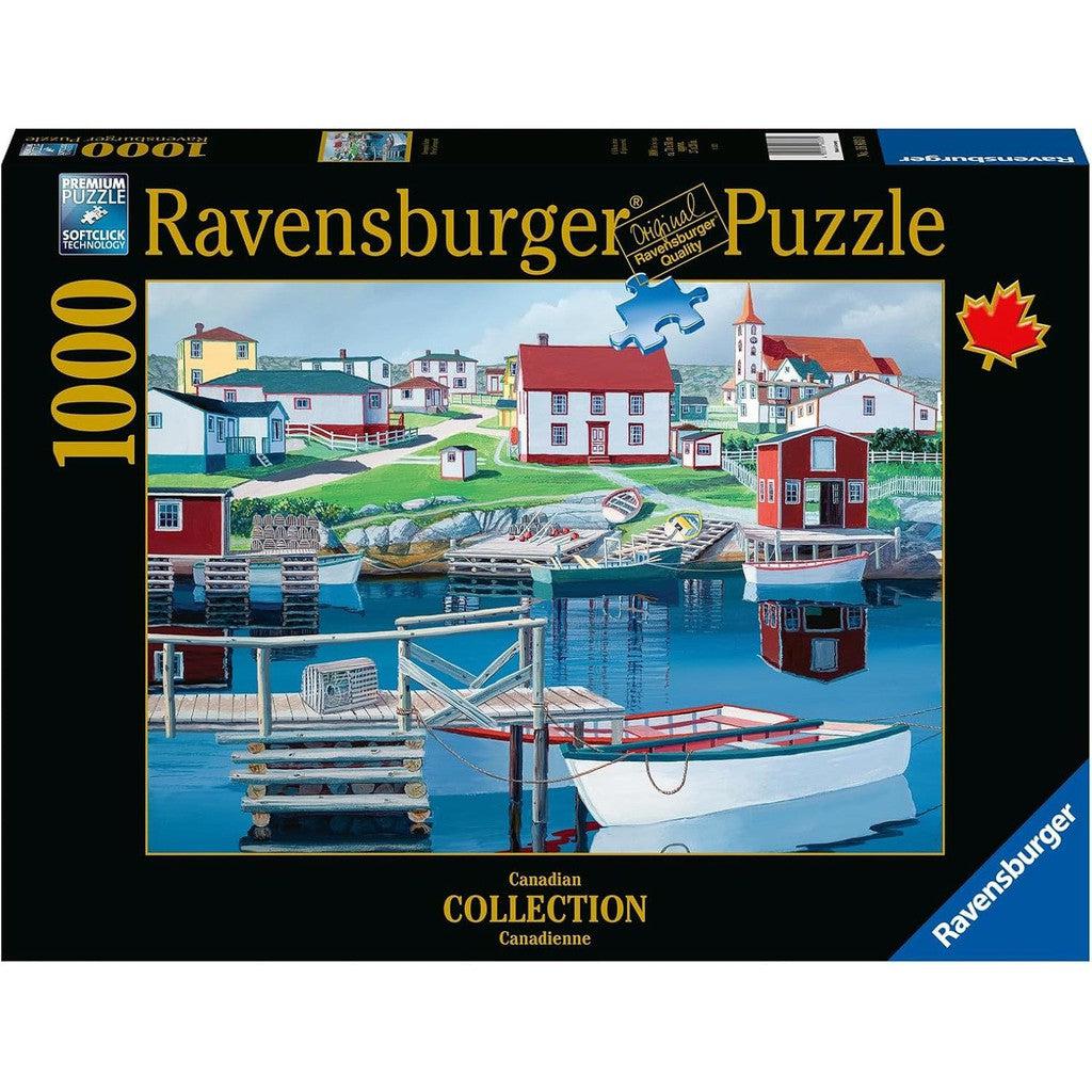 Explore the Ravensburger Greenspond Harbour Puzzle, a 1000-piece jigsaw from the Canadian Collection Series, showcasing a coastal village with red and white buildings, a dock, and a boat.