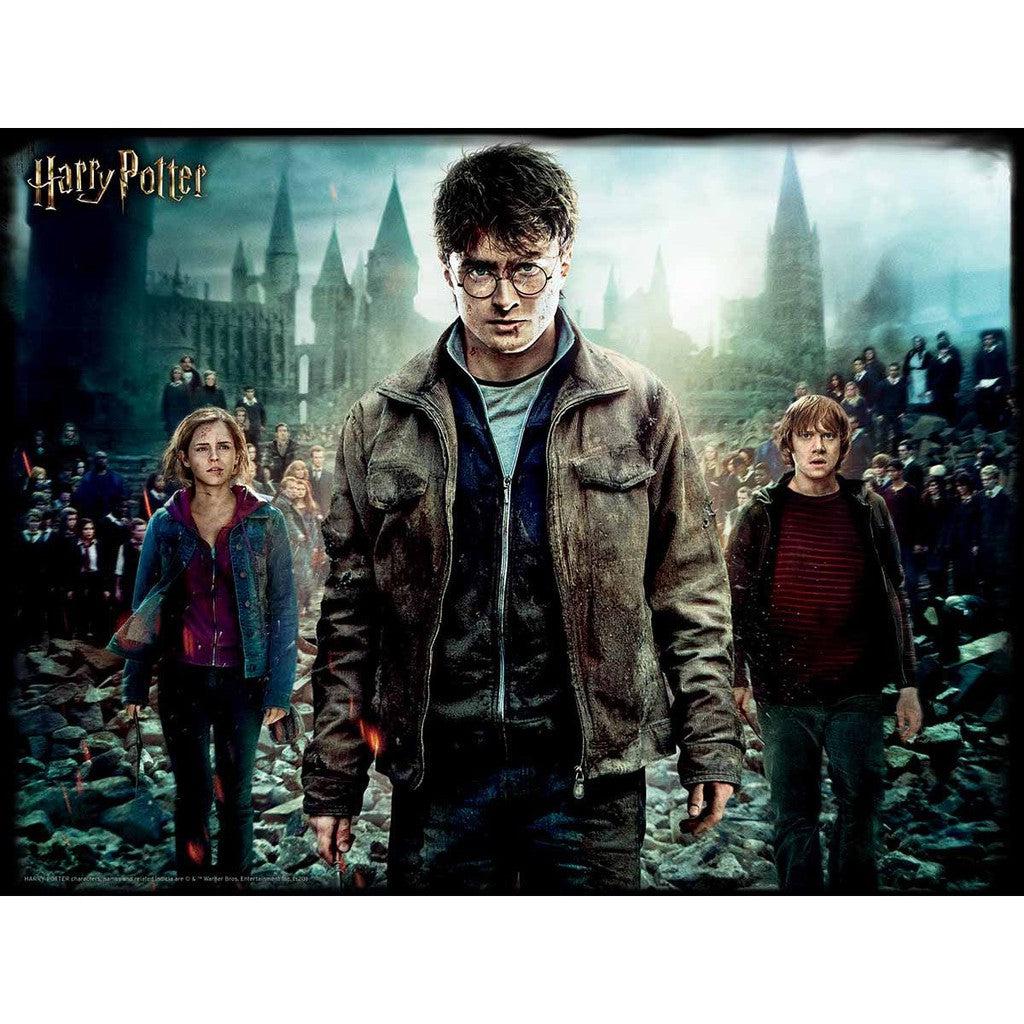 A group of people stands in front of a ruined castle. At the center is Harry Potter, flanked by Hermione and Ron. The misty, dark background adds to the enigmatic allure.