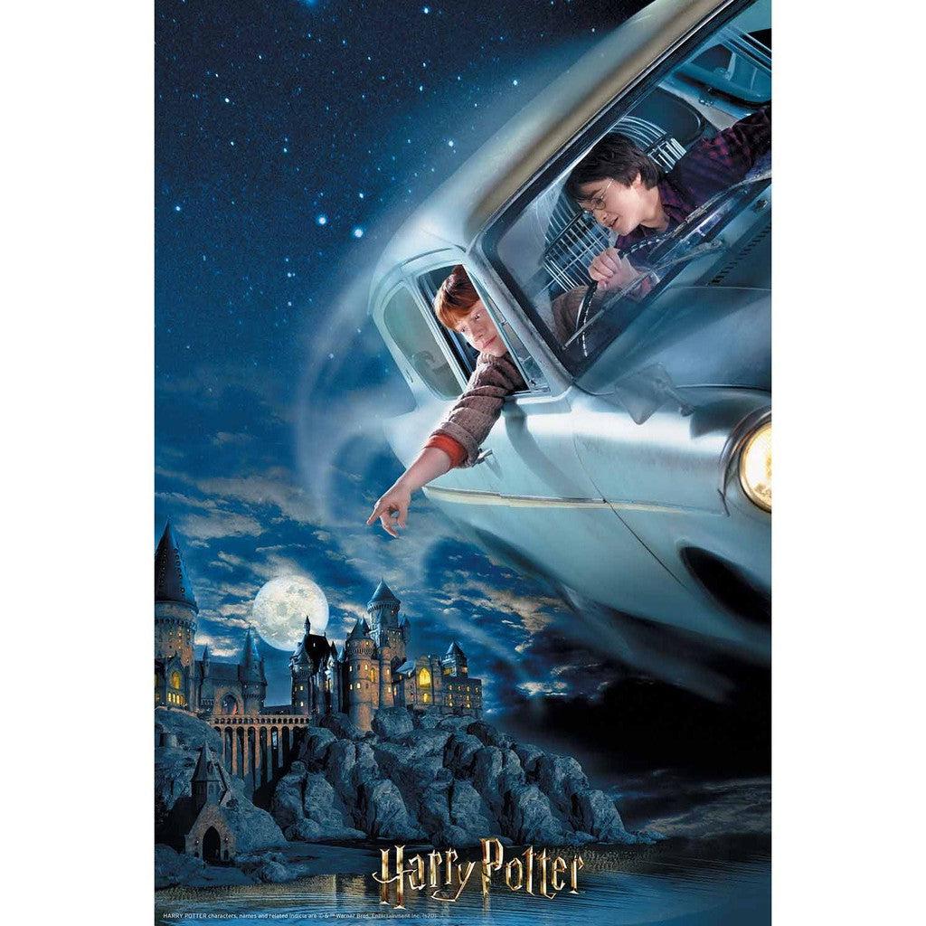 In a magical scene reminiscent of Harry and Ron flying, two people in a sleek car glide through the night sky above a majestic castle, with the full moon casting its radiant glow.