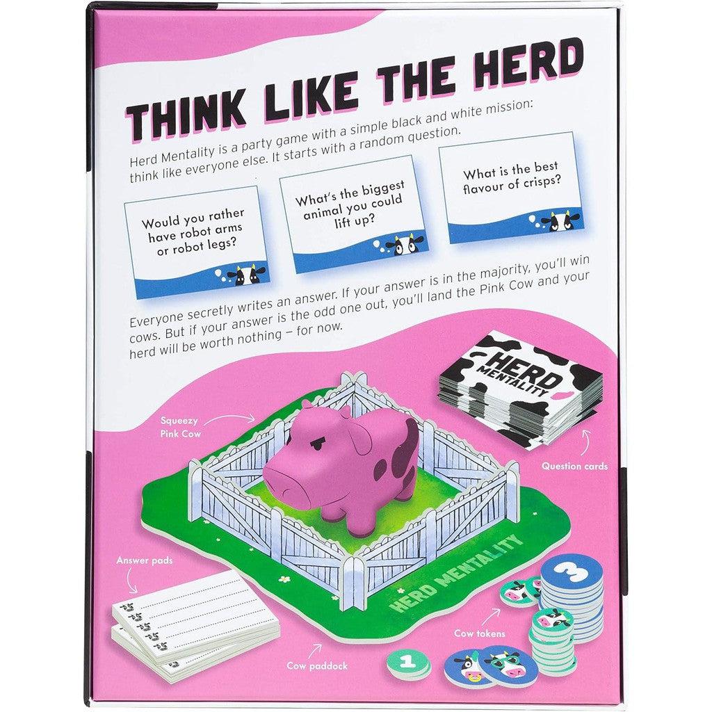 The back of the "Think Like the Herd" game box showcases a vibrant pink cow figure in a pen, along with enticing game components and clear, engaging instructions. Dive into this family-friendly party game that embraces Herd Mentality for an unforgettable group experience!